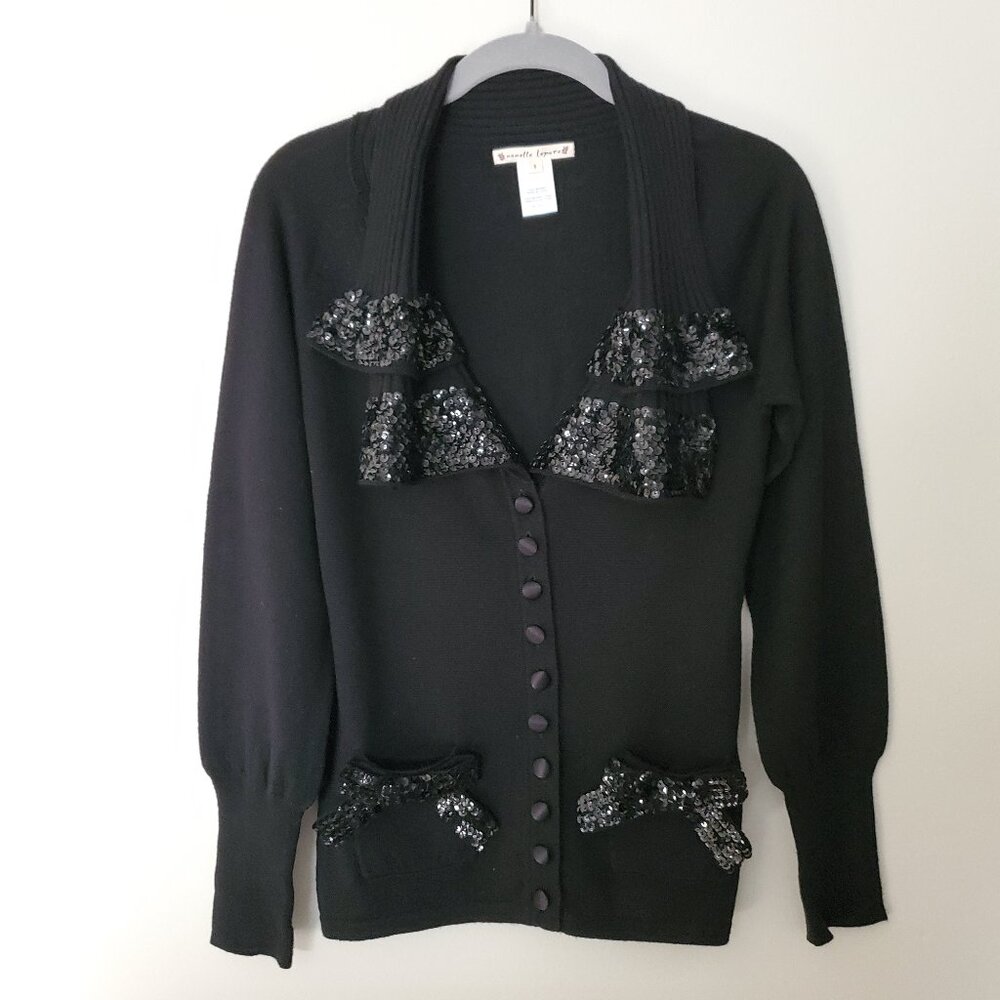 Nanette Lepore Black Sequin Cardigan S - Ruffle Collar Embellished Sweater VTG
